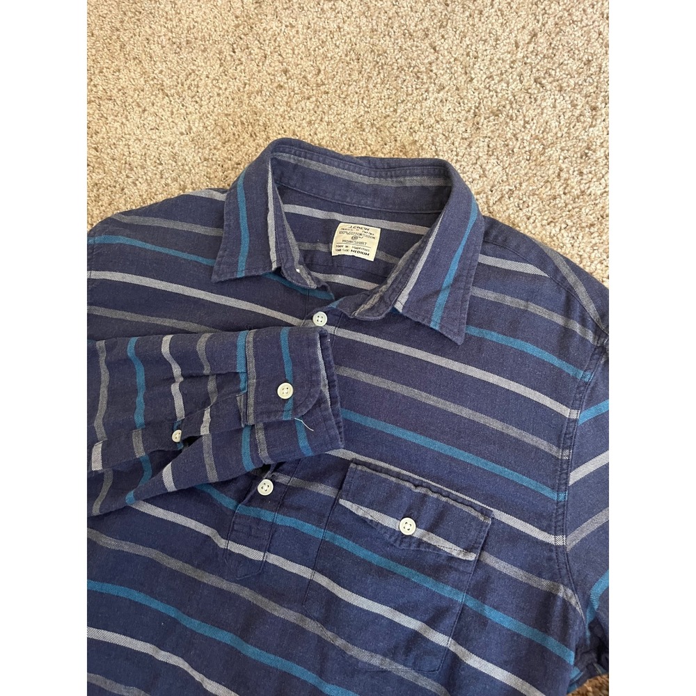 J. Crew Men's Popover Work Shirt Medium Navy Blue Striped Long Sleeve Cotton